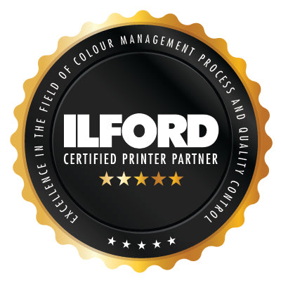 Ilford Certified Printer Partner badge with gold and black design