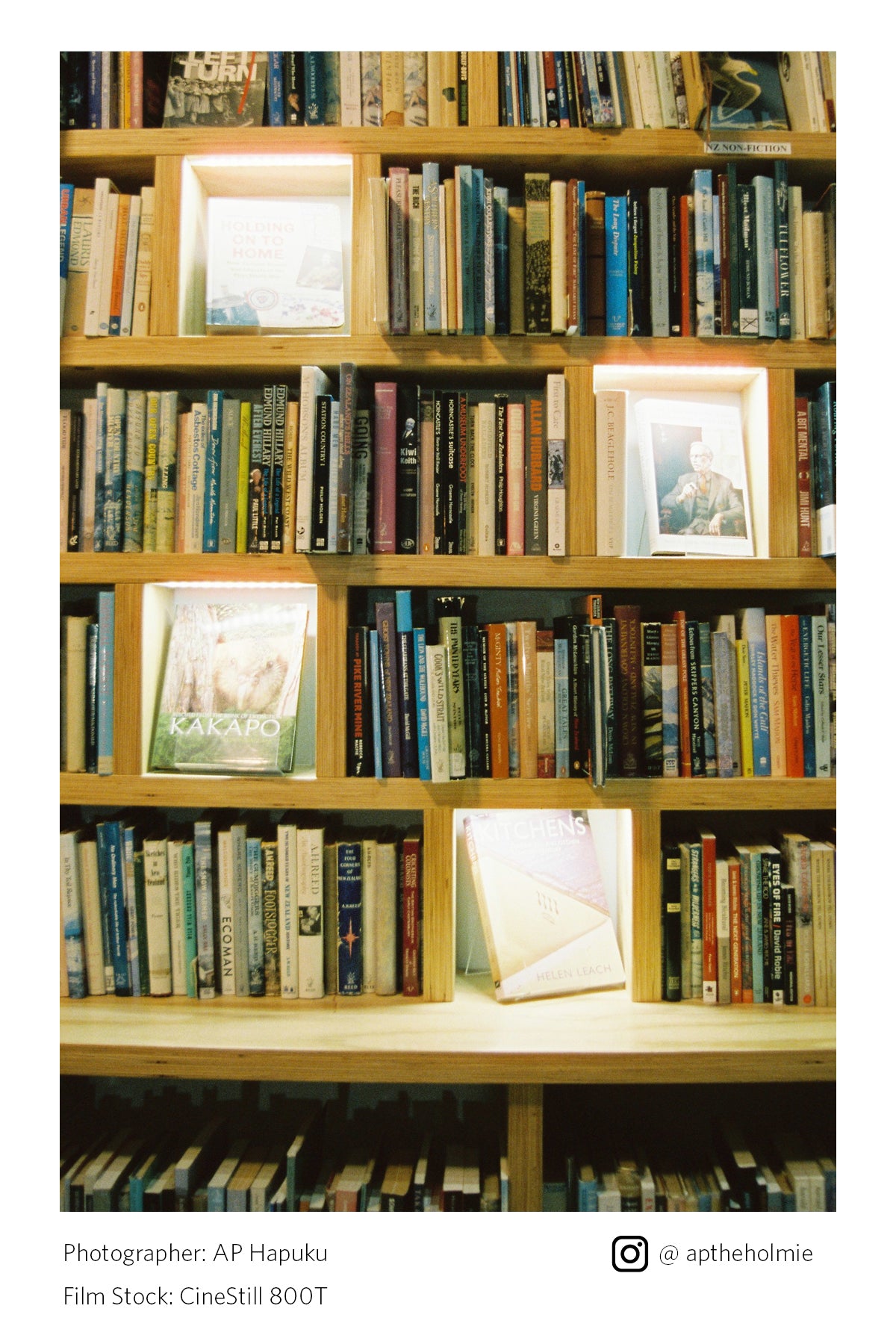 Wooden bookshelf filled with books and a few framed pictures shot on Cinestill 800T