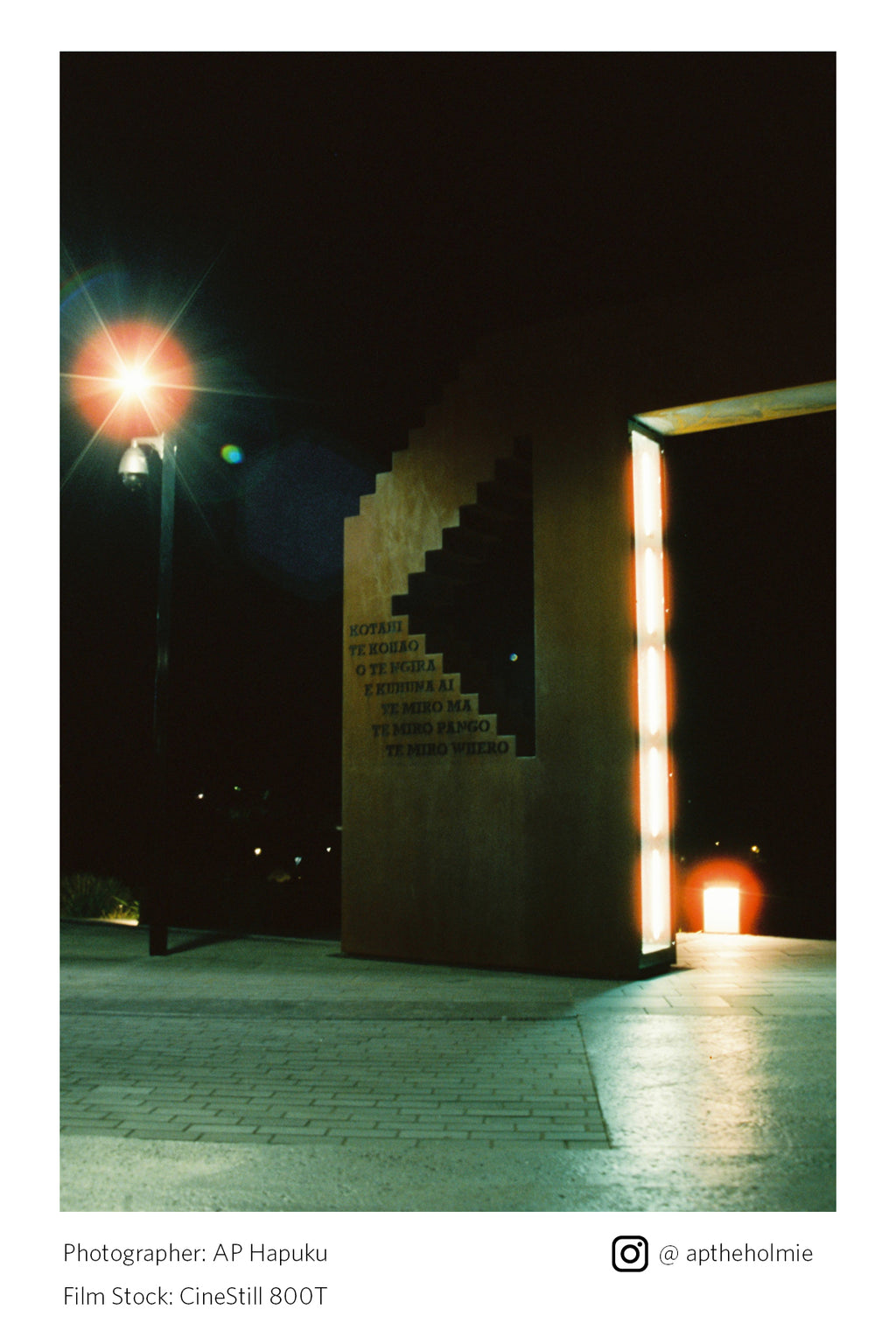 Staircase illuminated by a single light source at night shot on Cinestill 800T