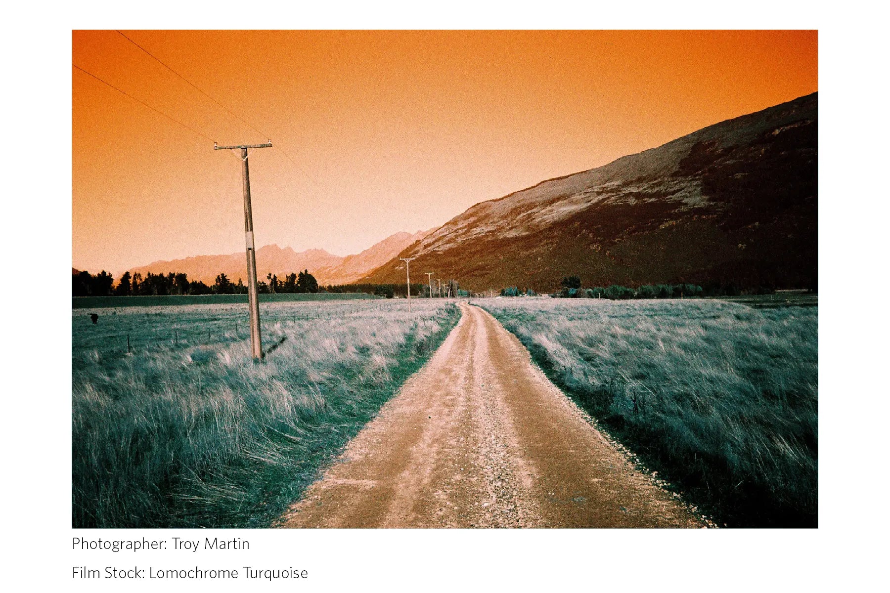 Winding dirt road through a field with mountains in the background, Lomochrome Turquoise film effect.