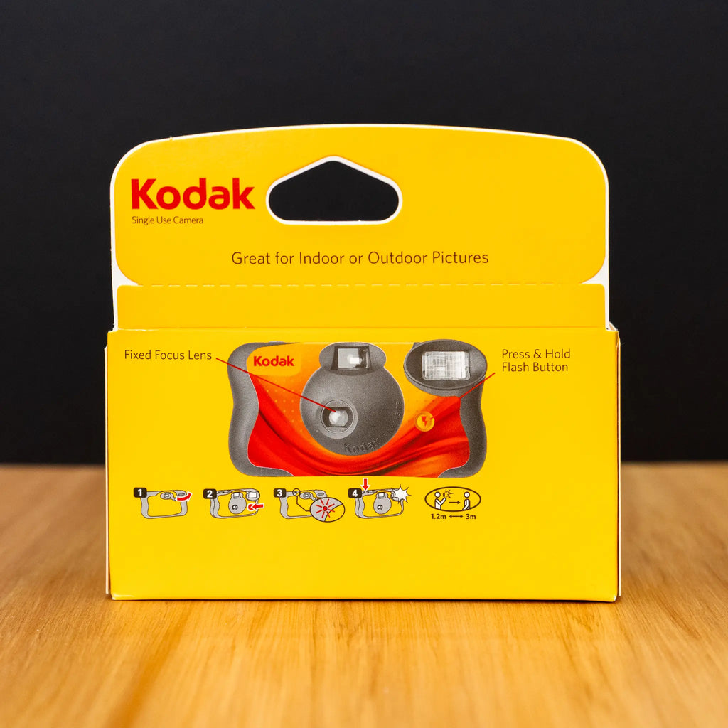Back of Kodak camera packaging on a wooden surface with a black background